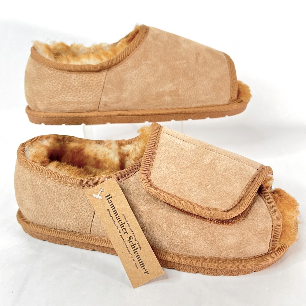Men's Leather & Sheepskin Cozy Adjustable Slippers M 8.5-9 Hammacher Schlemmer
